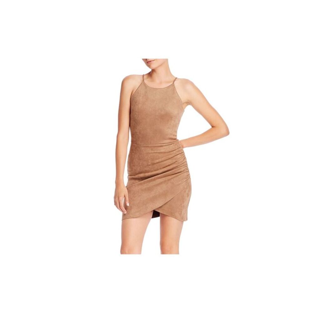 AQUA Womens Brown Faux Leather Spaghetti Strap Short Body Con Evening Dress S